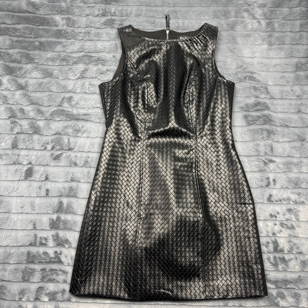 En Saison Black Woven Faux Leather Sleeveless Mini Dress Back Zip Womens Medium